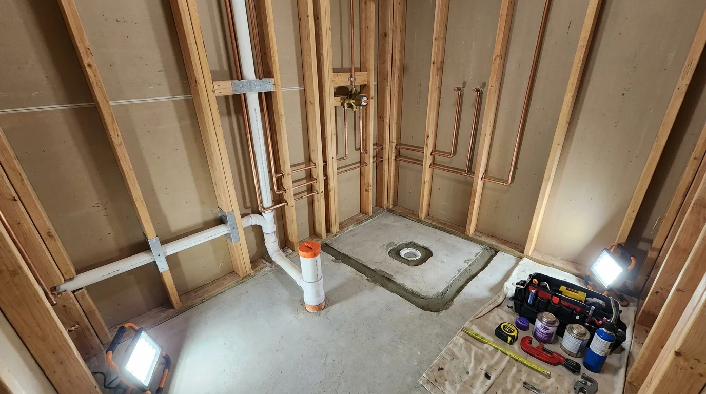 Bathroom rough-in plumbing during remodel by Johns Plumbing LLC in Tenafly