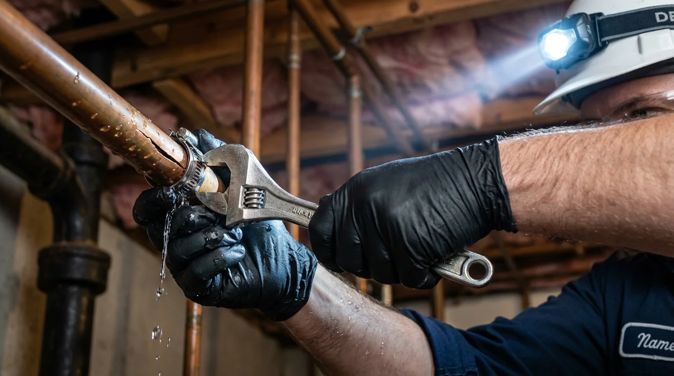 Emergency pipe clamp repair being performed by a Johns Plumbing LLC plumber in Tenafly
