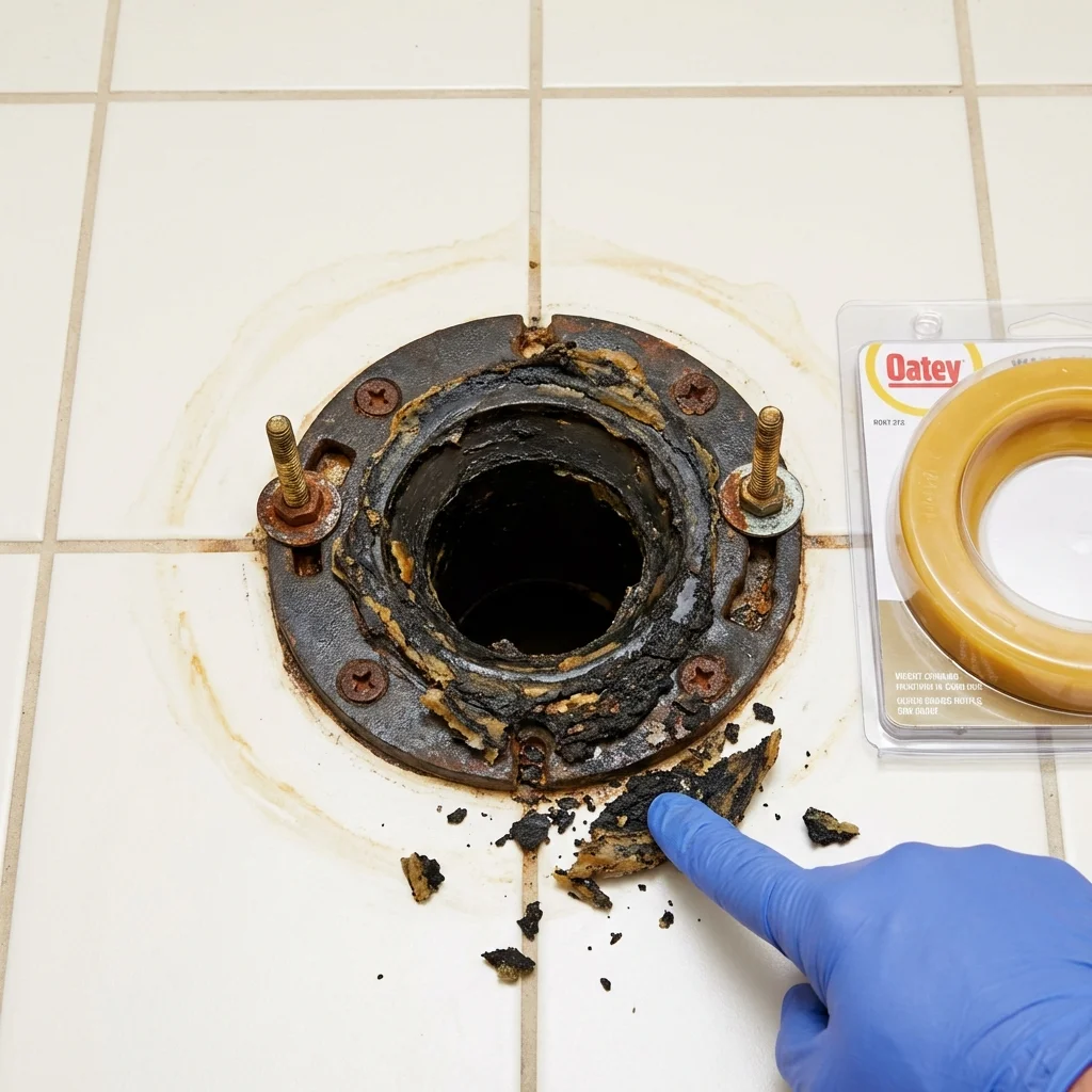 Failed wax ring showing water seepage at the base of a toilet in a Tenafly, NJ home