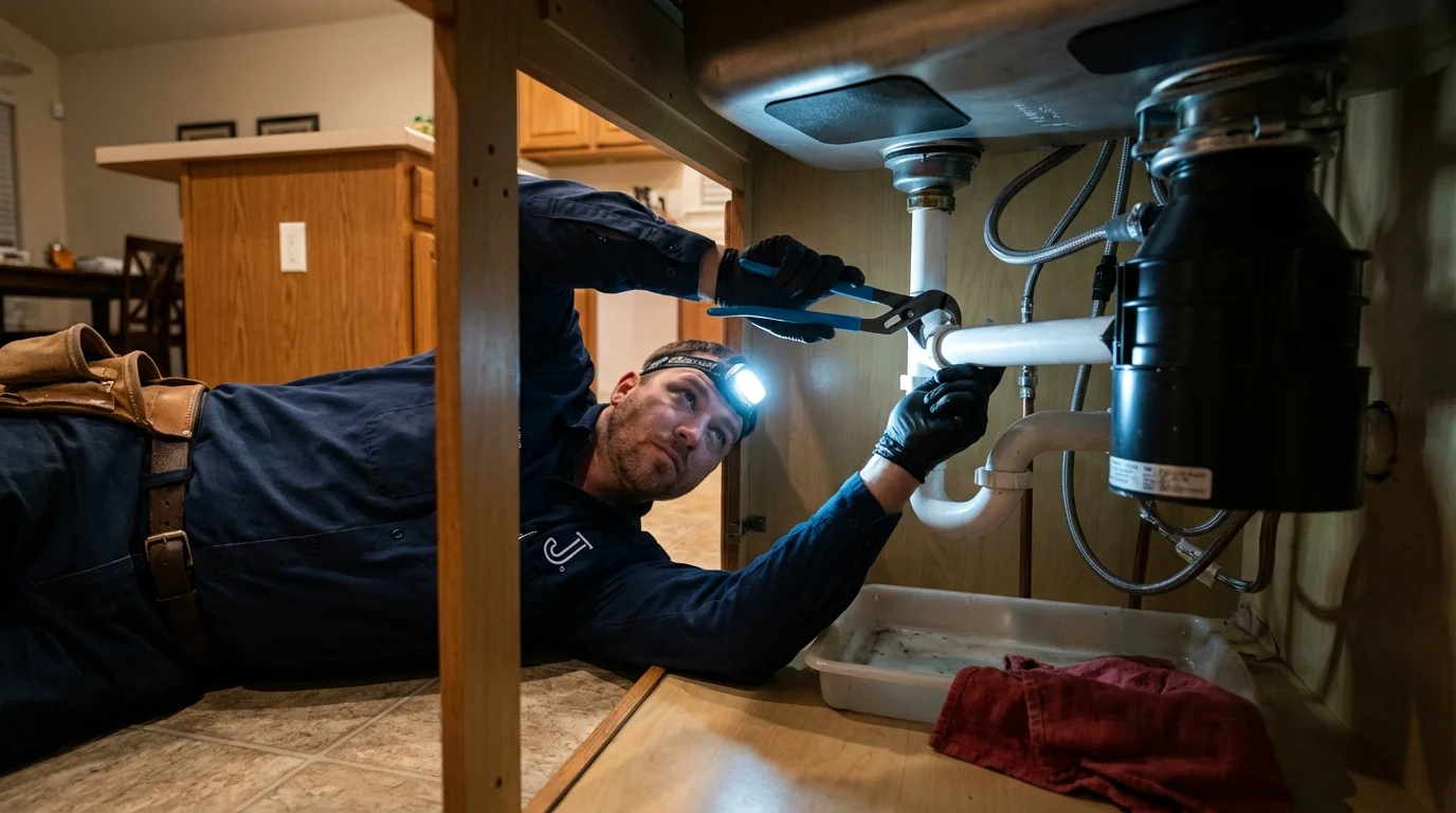 P-trap and supply line connections under a kitchen sink showing a common leak point in Tenafly, NJ
